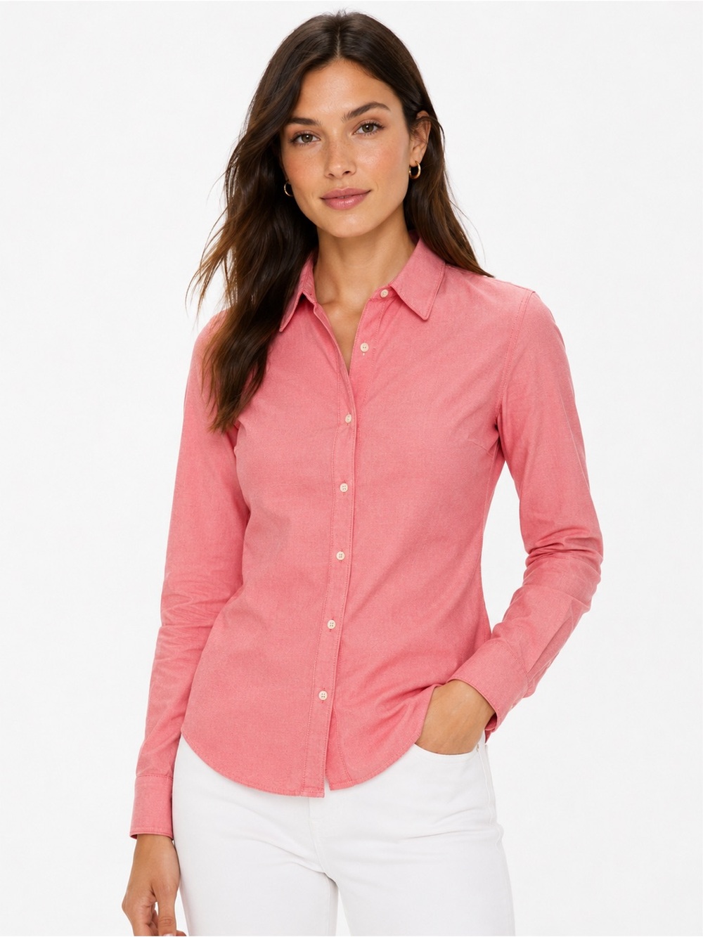 Theory Heathered Red Coral Pink Fitted Button Down Shirt Medium